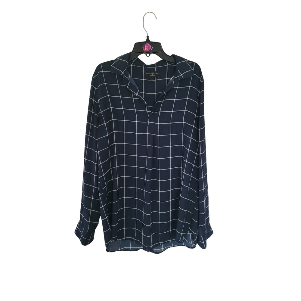 Banana Republic Boyfriend Fit Navy White Grid Print Long Sleeve Shirt Size M #19
